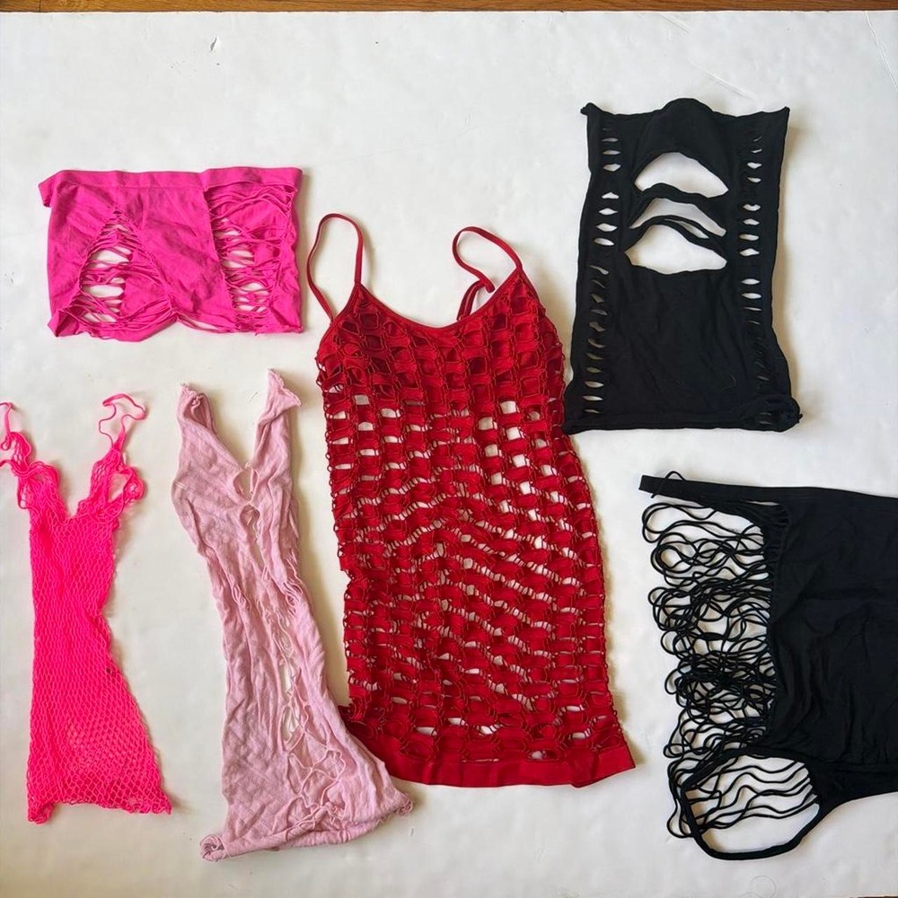 Avidlove 6pc Exotic Dancer Fishnet Dress Lot Pink Red Black Rave Wear Medium
